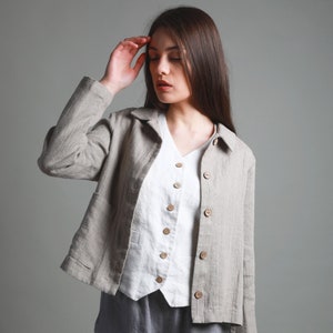 TOUJOURS Cropped Linen Cardigan | Linen Button Down Shirt | Summer Linen Jacket | Cropped Linen Shirt for Women | Summer Linen Blazer