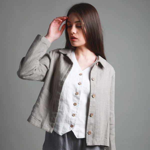 Cardigan court en lin TOUJOURS | Chemise boutonnée en lin | Veste d'été en lin | courte en lin pour femme | Blazer d'été en lin