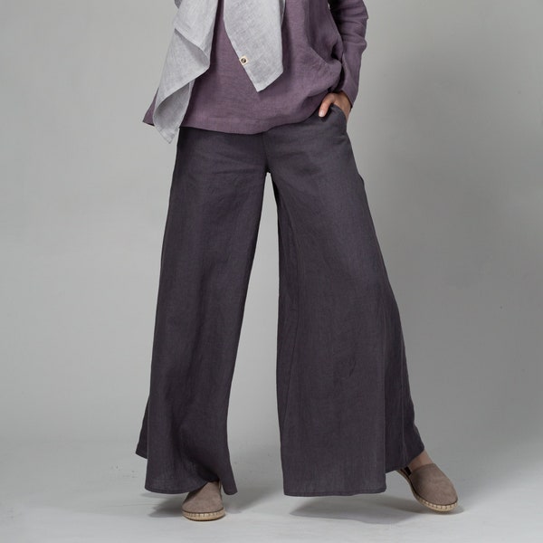 PRÊT À L'EXPÉDITION Pantalon Palazzo gris foncé | Pantalon long et large en lin | Pantalons pour femme | Pantalon 100 % lin | Vêtements végétaliens