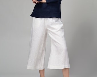 READY TO SHIP White Midi Linen Wide Leg Pants with Pockets