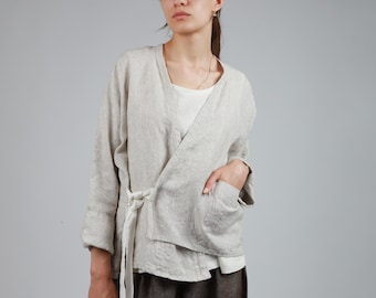 JUNIPER Linen Wrap Jacket, Minimalist Kimono Cardigan with Ties, Drop Shoulder Sleeve Jacket, Knotium Linen Clothing