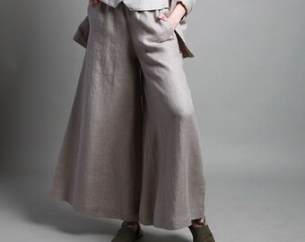 Wide Leg Women's Linen Pants KOKO with Side Pockets, Hight Waist Linen Trousers, KNOTIUM Clothing, Made to Order