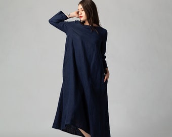 ESME Spring Linen Women Long Dress Indigo, Long Minimalist Tunic with Pockets, Loose Simple Style Linen Clothing Maxi Tunic Dress