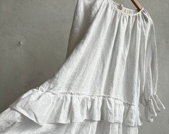 INA Peasant Style Midi Linen Dress with Ruffles and Voluminous Sleeves
