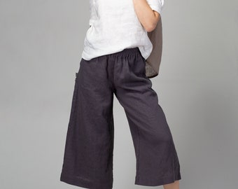 Dunkelgraue Leinen-Culottes | Weite Leinenhose | Kurze Leinenhose | Leinenkleidung | Sommer Leinenhose | Plus Size Leinen | Reines Leinen