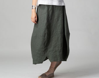 MANON Green Linen Skirt | Asymmetric Linen Skirt | Pure Linen Skirt | Wrinkled Washed Linen Skirt | Urban Skirt | Ethical Linen Clothing