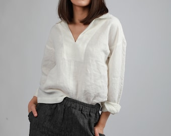 Chemise en lin décontractée sans bouton avec col fendu NOVA, chemise boyfriend en lin, haut classique ample pour femme, vêtements d'automne en lin KNOTIUM