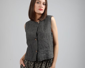 Loose Fit Linen Waistcoat NORA for Women with Coconut Buttons, Linen Vest for Women, KNOTIUM Linen Clothing