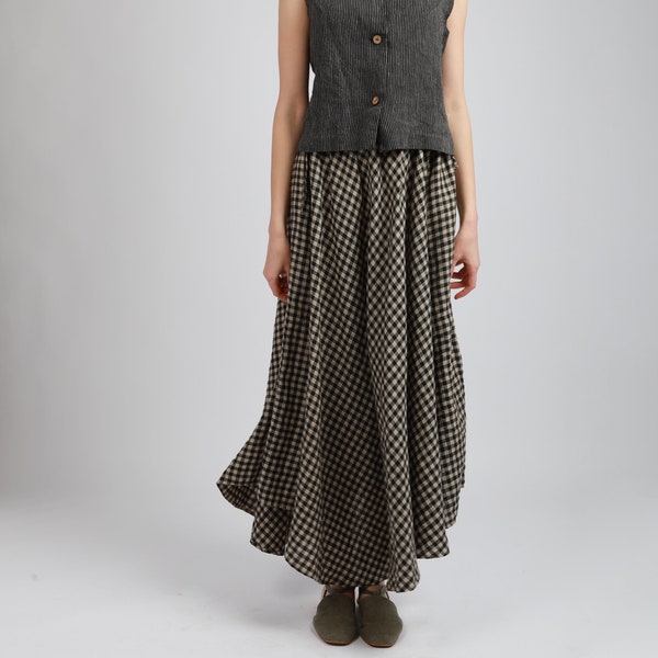 Maxi jupe circulaire en lin à carreaux avec poches POPPY, jupe longue à motif tartan, jupe vichy cottagecore, vêtements en lin KNOTIUM