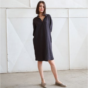 JACKIE Knielanges Leinenhemdkleid mit Taschen, Herbst Leinen Tunika Kleid