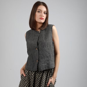 Loose Fit Linen Waistcoat NORA for Women with Coconut Buttons, Linen Vest for Women, KNOTIUM Linen Clothing