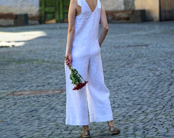 ELENI Wide Leg Linen Jumpsuit with Side Pockets | White Linen Overalls | Sleeveless Linen Playsuit | Ethical Linen Clothing