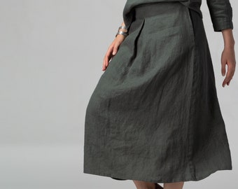 READY TO SHIP Front Pleat Midi Linen Skirt with Pockets