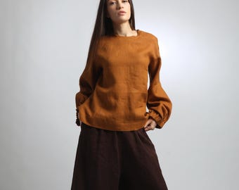 BOEMA Loose Balloon Sleeve Linen Blouse - Made to Order Bohemian Style Shirt
