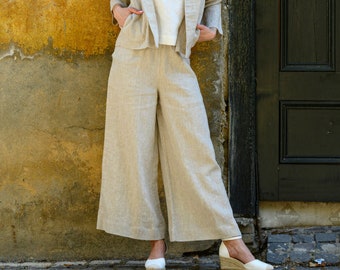 DEMI Wide Ankle Linen Pants with Pockets | Summer Linen Pants for Women | Flared Linen Trousers | Linen Palazzos | Handmade Linen Pants