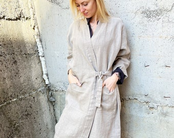 KIM Heavy Linen Kimono Coat, Women Linen Duster Coat, Loose Linen Cardigan, Long Kimono Jacket Women, Handmade Linen Clothing