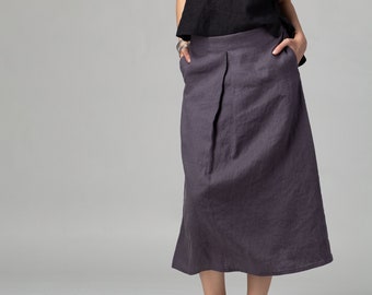 Box Pleat Gray Linen Skirt | Wide Linen Skirt | Trapeze Linen Skirt | Linen Skirt with Pockets | Urban Linen Skirt | Everyday Linen Skirt
