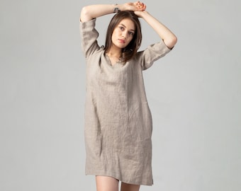 READY TO SHIP Linen dress with pockets - split neck dress - linen dress with 3/4 sleeve -linen gray dress - linen shift dress