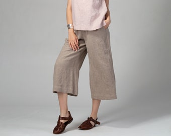 Jupe-culotte en lin naturel prête à être expédiée | Pantalon palazzo court en lin | Pantalon court en lin | Pantalon large en lin mi-mollet | Pantalon élastiqué