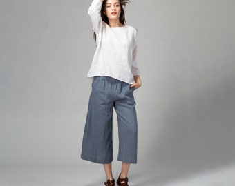 Light Blue Linen Culottes | Basic Linen Pants | Beach Linen Pants | Loose Fit Pants | Linen Clothing | Natural Linen Trousers