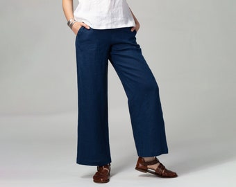 PRÊT À EXPÉDIER Pantalon droit en lin bleu marine | Pantalon long en lin | Pantalon en lin élastiqué | Pantalons en lin pour femmes | Vêtements en lin Femme