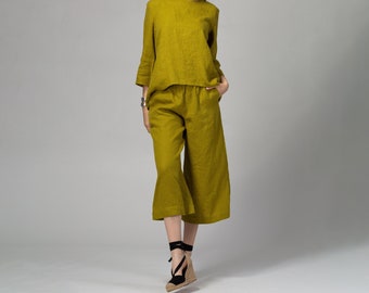 Moosgrün Leinen Culottes | Loose Fit Leinenhose | Leinenhose | Grüne Leinenhose | Naturleinen Palazzos | Ethische Leinenkleidung