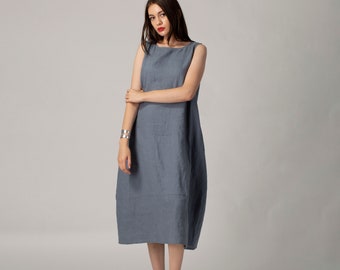 Robe longue bleue sans manches en lin PRÊTE À L'EXPÉDITION | Robe longue en lin avec poches | Robe mi-longue en lin | Robe de grossesse d'été