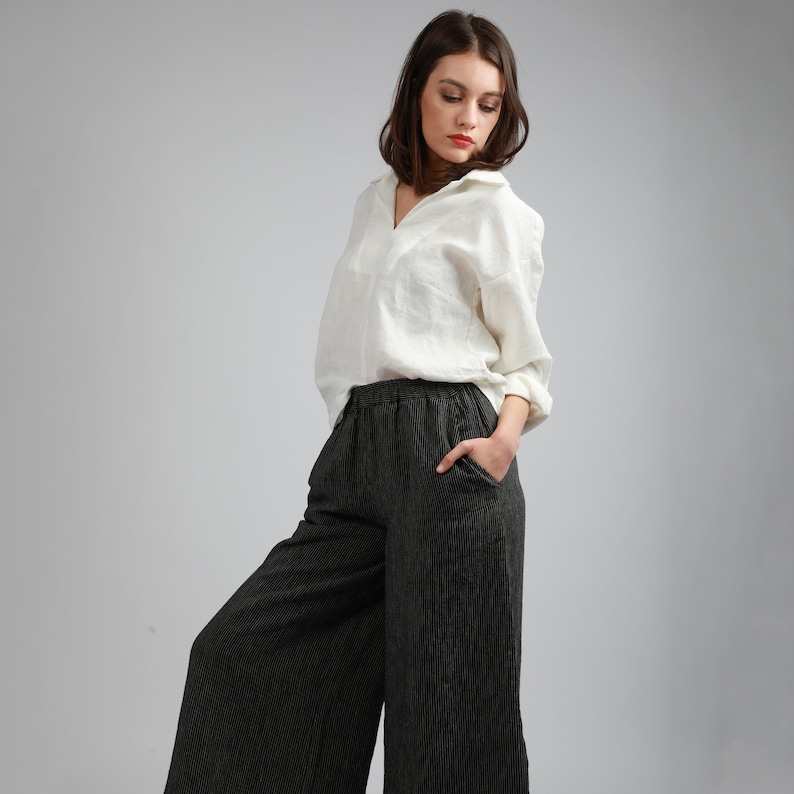 NOVA Relaxed Buttonless Linen Shirt with Split Collar, Boyfriend Linen Shirt, Loose Classic Top for Women, KNOTIUM Fall Linen Clothing image 8
