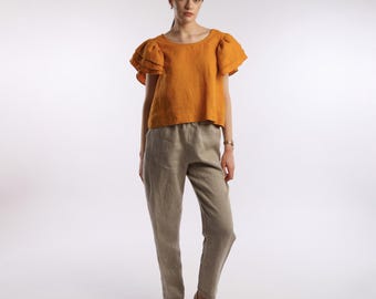 RELAX Tapered Leg Ankle Linen Pants with Side Pockets