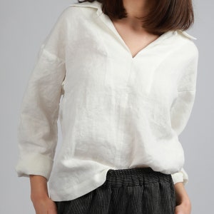 NOVA Relaxed Buttonless Linen Shirt with Split Collar, Boyfriend Linen Shirt, Loose Classic Top for Women, KNOTIUM Fall Linen Clothing image 4