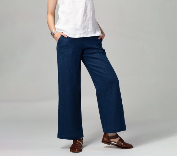 Womens navy linen trousers sales