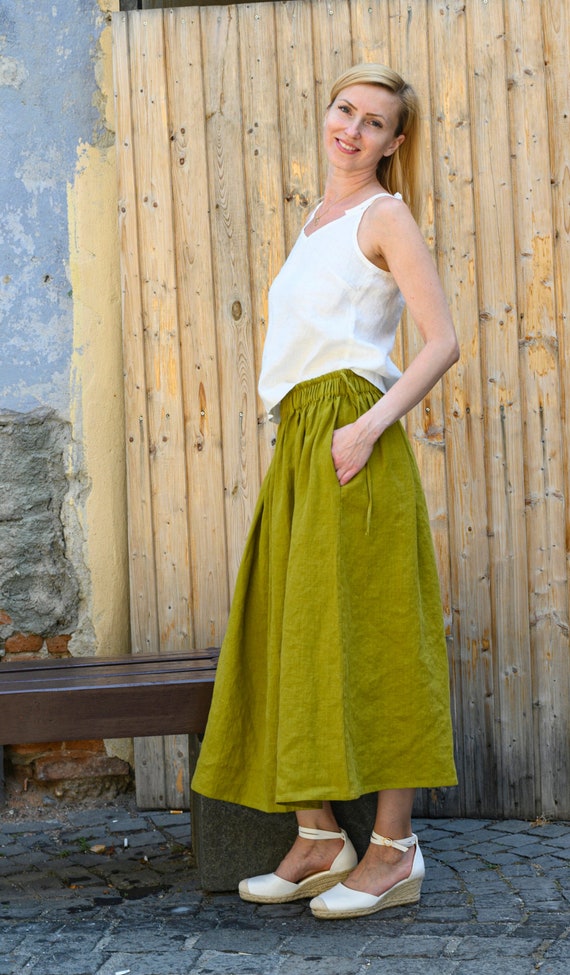 Falda larga de lino verde musgo Falda básica de lino con - Etsy