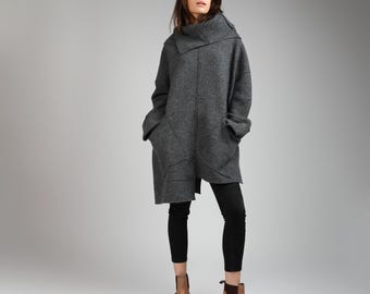 ANOUK Oversized Boiled Wool Sweater with High Funnel Neck, Asymmetric Woolen Poncho with Patch Pockets, Loose Spring Cocoon Tunic Sweater