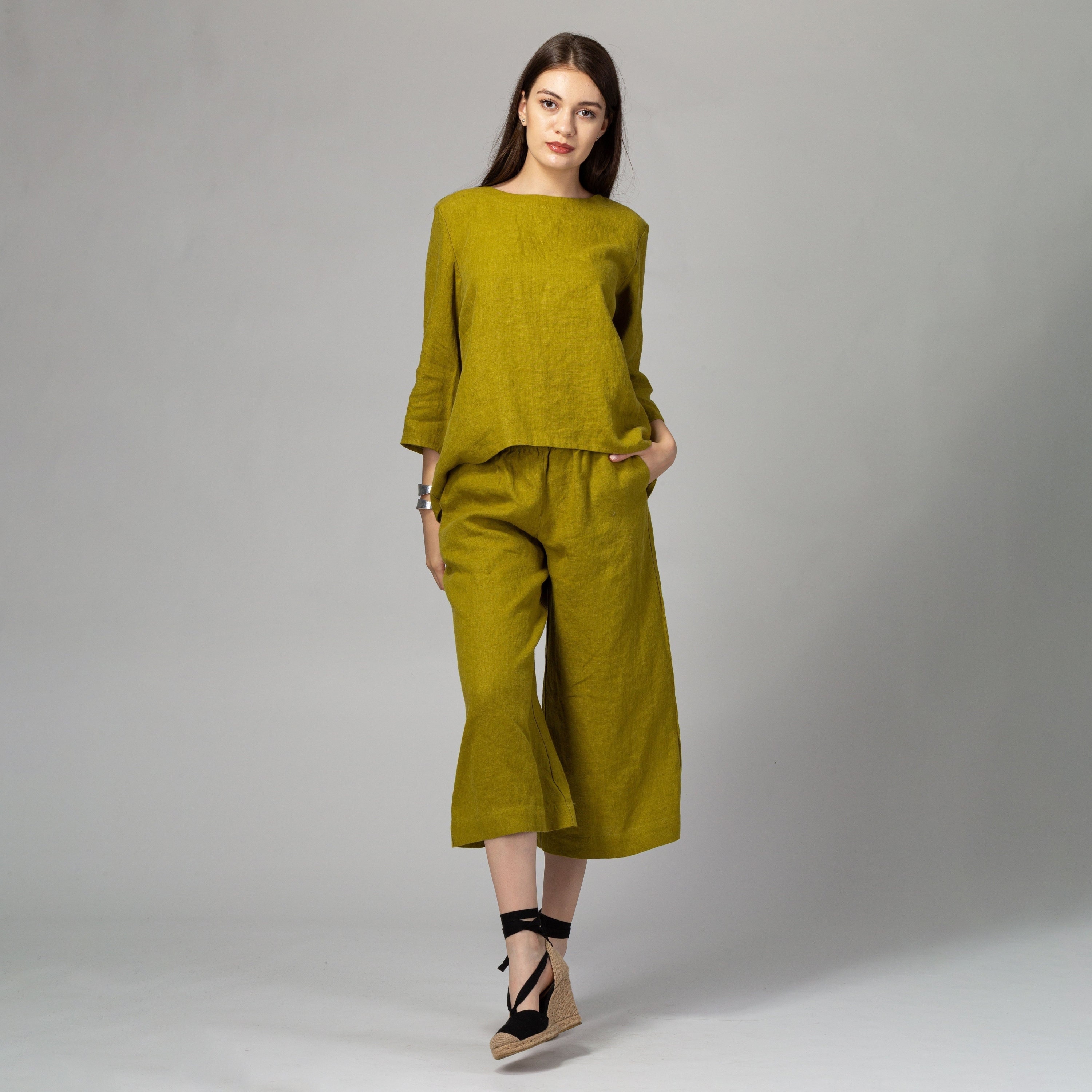 NECHOLOGY Womens Pants Crop Pants for Women Casual Summer Womens Culottes  Cotton Linen Wide Business Casual Pants for Women Petite Yellow Large