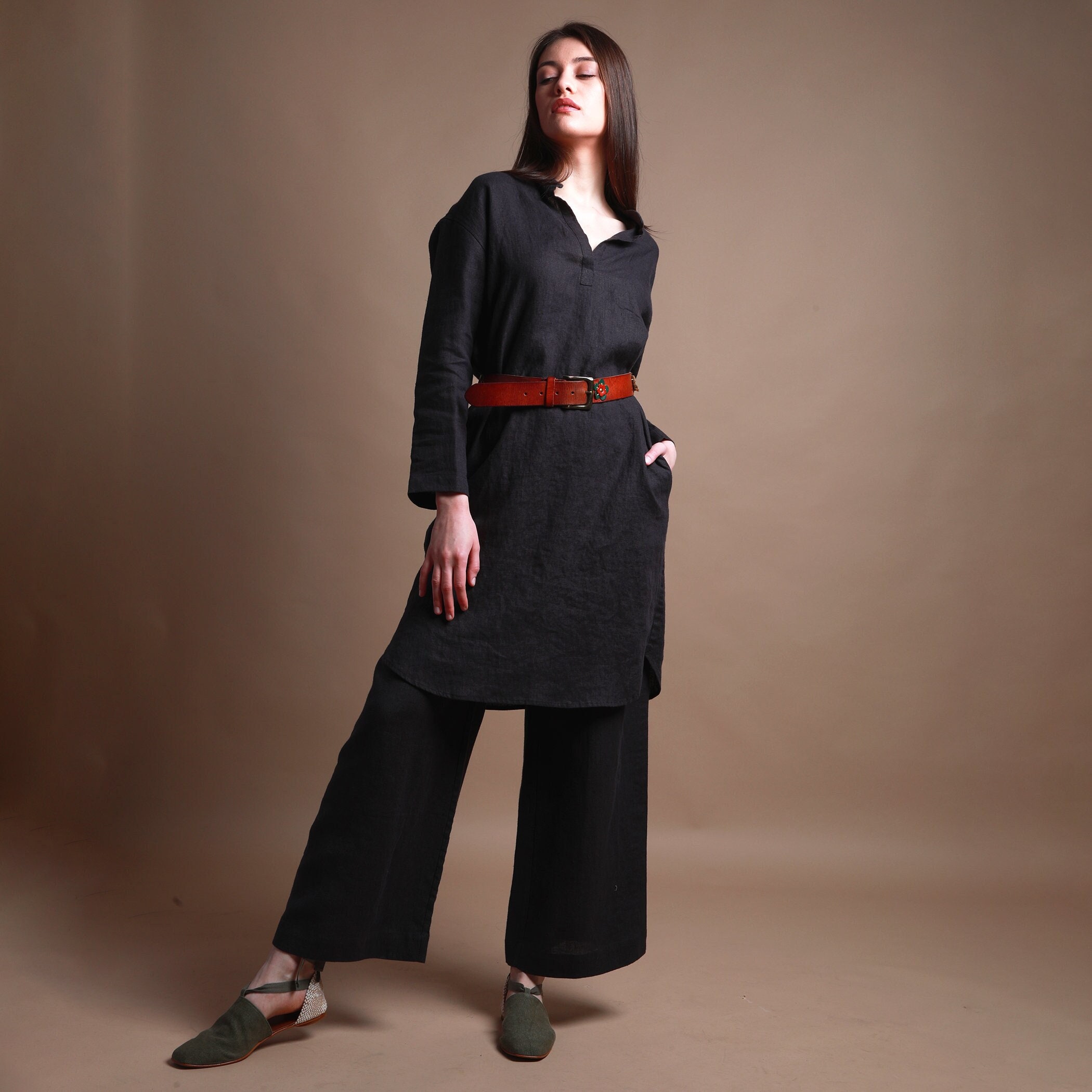 Jackie Knee Length Linen Shirt Dress With Pockets, Fall Tunic