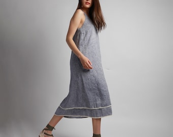 SIERRA Double Layered Open Back Midi Linen Dress with Pockets and Laced Hems