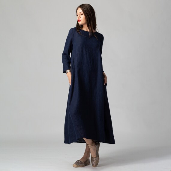 Night Blue Long Linen Dress With Belt Soft Linen Dress | Etsy