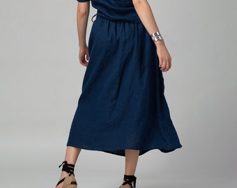 READY TO SHIP Midi Gathered Navy Linen Skirt with Side Pockets