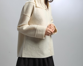 JAMIE Loose Boiled Wool Sweater with High Split Turtleneck Collar, Oversized Cozy Chunky Woolen Tunic, Easy Fit Plus Size Jumper