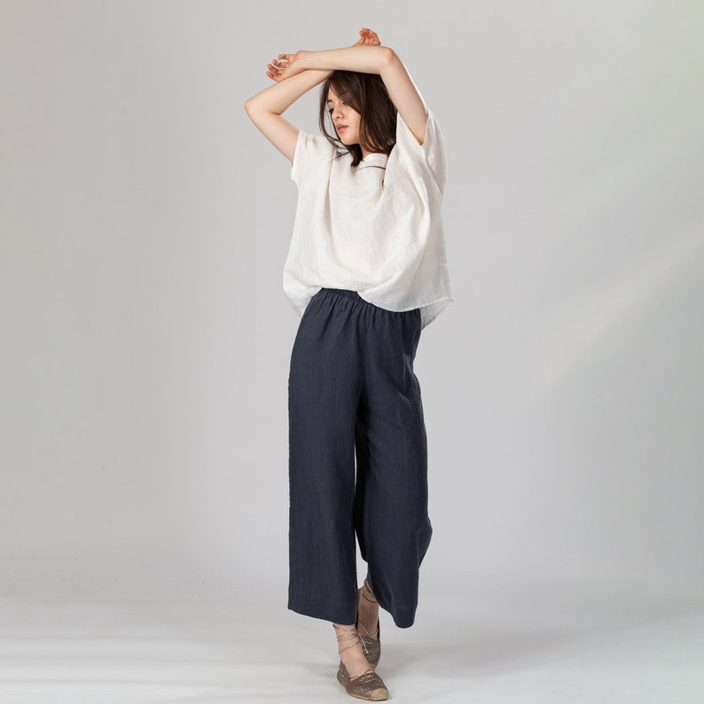 KEYA Straight Linen Pants Classic Linen Pants Elasticated Linen Pants Summer Linen Trousers Linen Pull on Pants Linen Gaucho Pants imagem 6