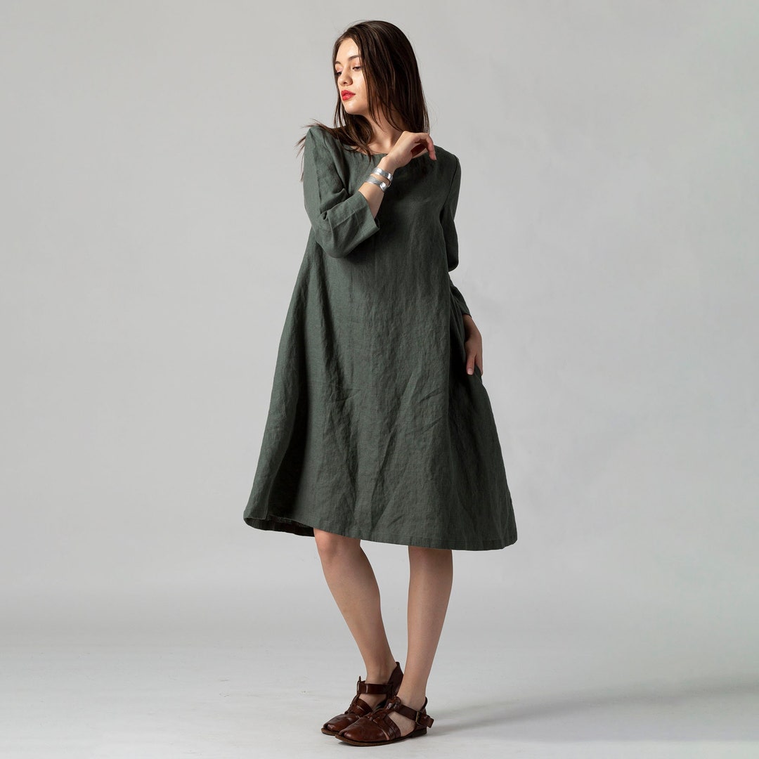 READY TO SHIP Wren Green Linen Midi Dress With Pockets, Loose Flared Linen Tunic, Fall Linen