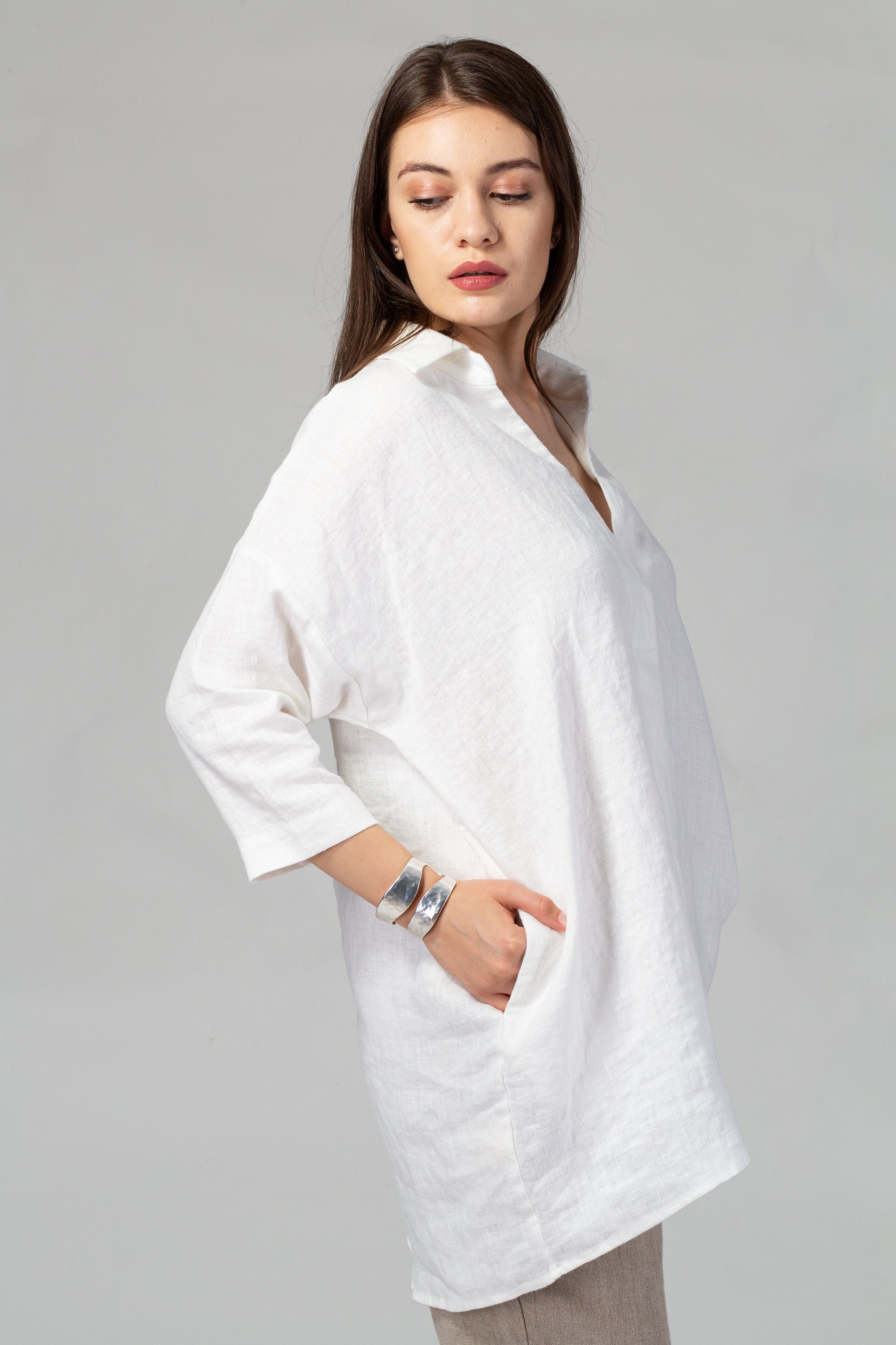 White Loose Linen Tunic With Side Pockets Linen Tunic Shirt - Etsy