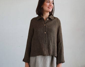 TOUJOURS Cropped Linen Cardigan | Linen Button Down Shirt | Fall Linen Jacket | Cropped Linen Shirt for Women | Summer Linen Blazer