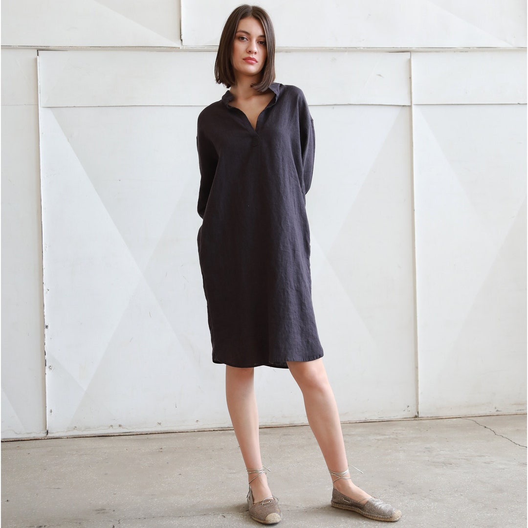 JACKIE Knee Length Linen Shirt Dress With Pockets, Fall
