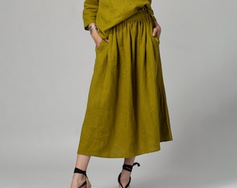 READY TO SHIP Long Mustard Linen Skirt | Basic Linen Skirt with Pockets | Loose Fit Skirt | Elasticated Linen Skirt | Linen Clothing Women