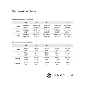 May include: Size chart for a long A-line dress with measurements in inches and centimetres. The chart shows bust, waist, hips, hem, length, and sleeve length for sizes XS, S, M, L, and XL.