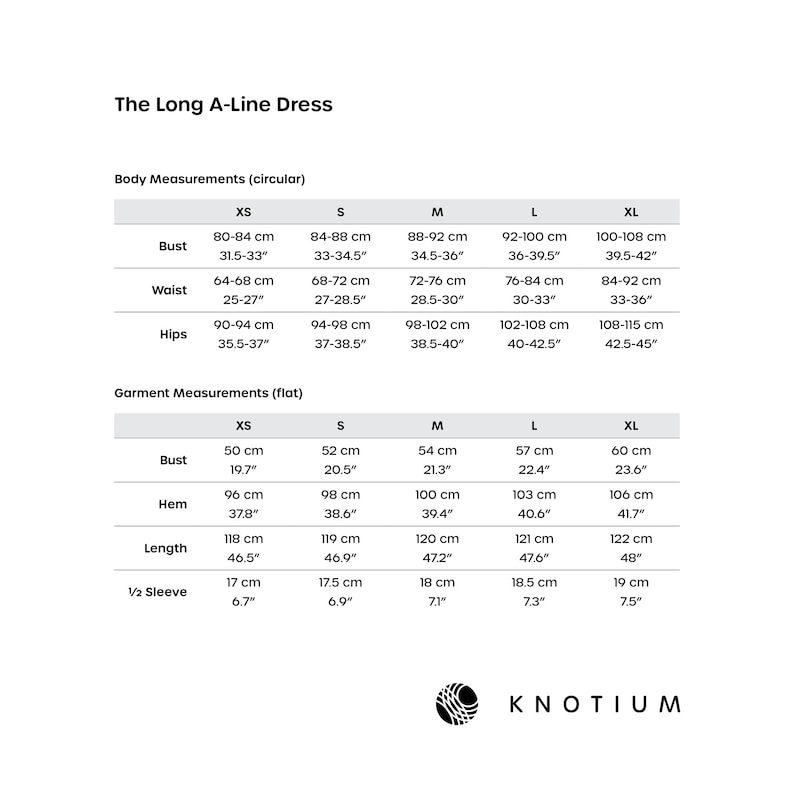 May include: Size chart for a long A-line dress with measurements in inches and centimetres. The chart shows bust, waist, hips, hem, length, and sleeve length for sizes XS, S, M, L, and XL.