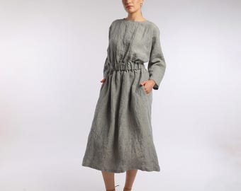 JOURNEY Midi Linen Dress With Elastic Waist