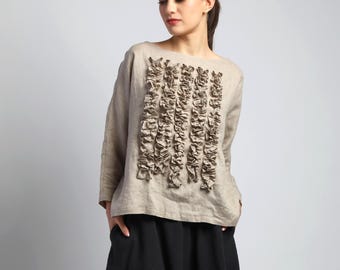 POM POM Linen Blouse with Ruffled Front Panel and Drop Shoulder Sleeves, Custom Made