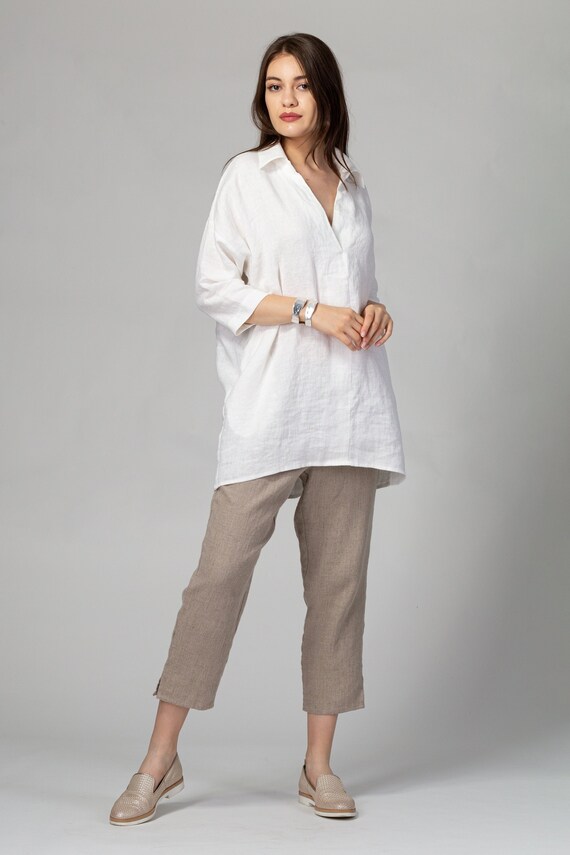 White Loose Linen Tunic With Side Pockets Linen Tunic Shirt